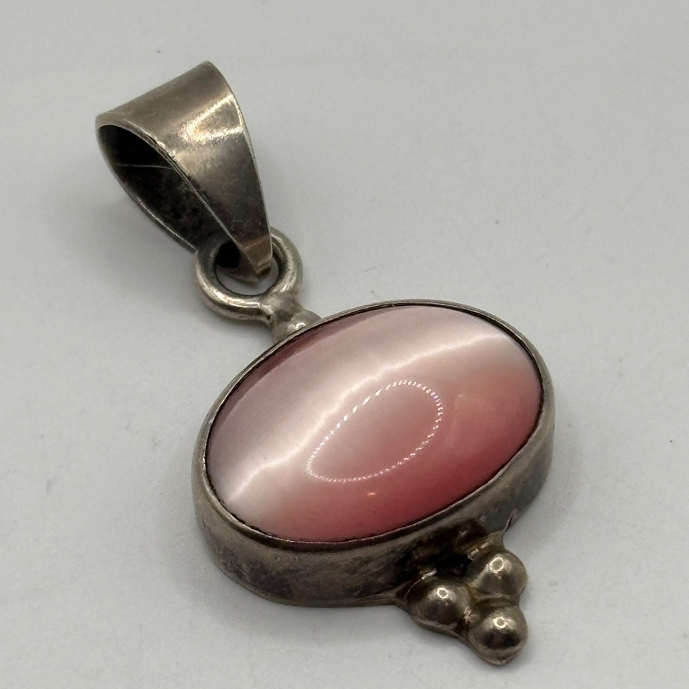 Vintage Pendant 925 Silver Mexico Pink Mother of Pearl Oval 1.25" x .75"